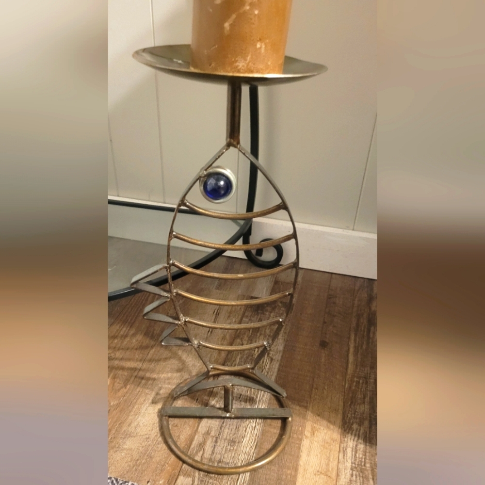 Hand Crafted Metal Fish Candle Stand  In Or Outside Patio Lake Cabin Rustic 18"